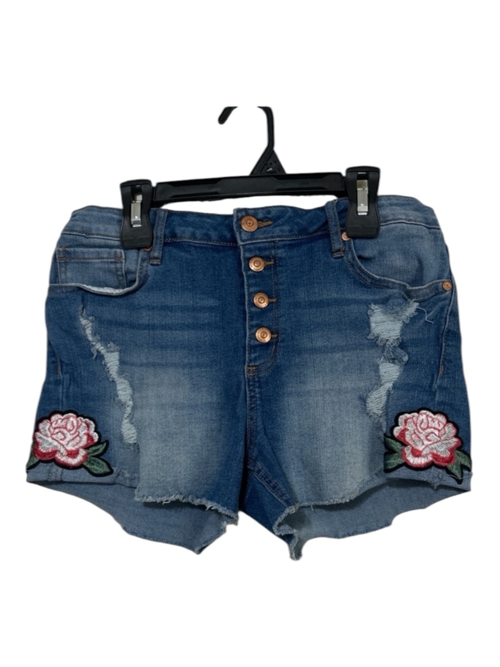 Y2K No Boundaries Rose Embroidered Button Fly Denim Cutoff Shorts - Juniors 11